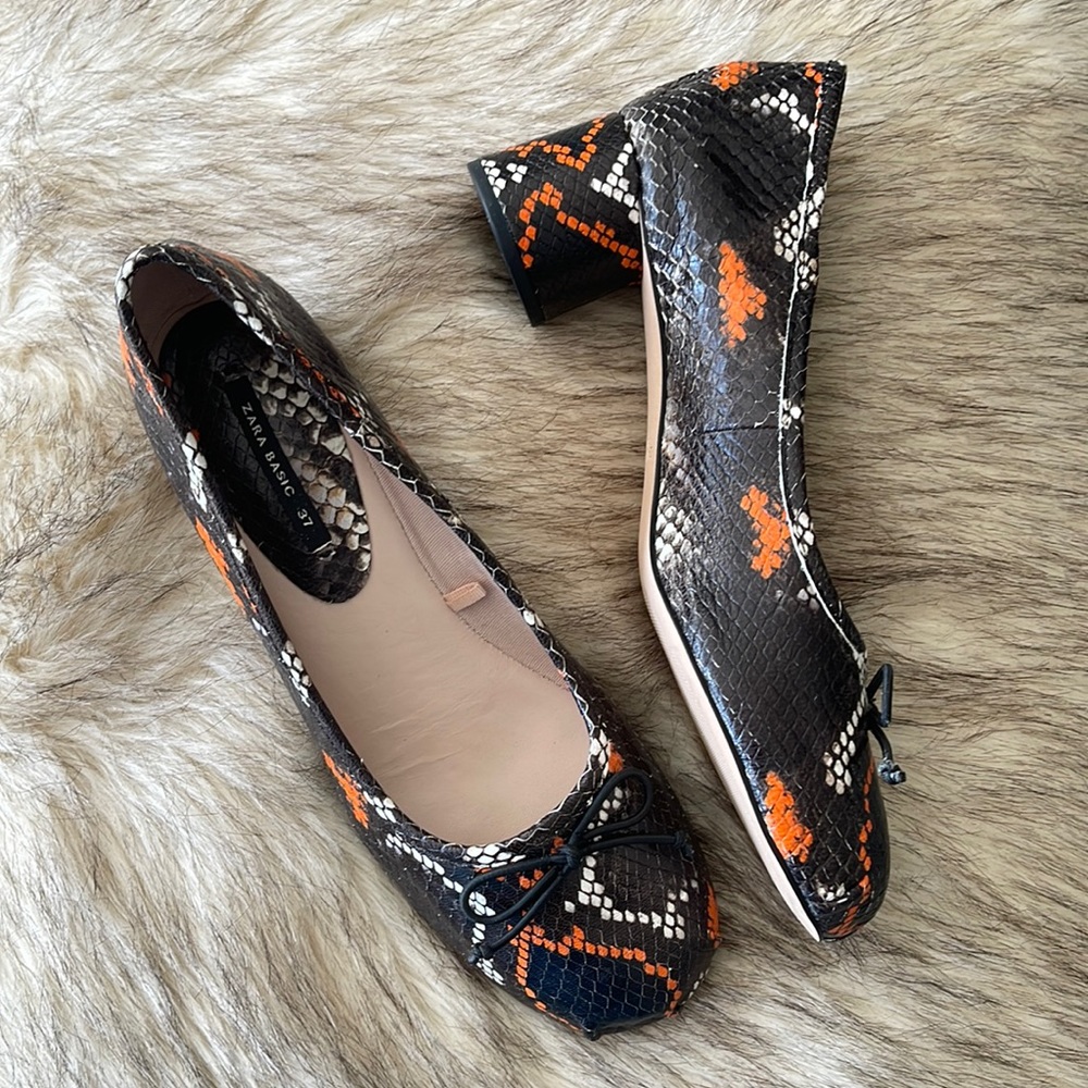 Zara Basic - Snake Print High Heel Leather Ballerinas - Size 37
